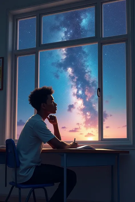 Draw a teenage black man in class looking out the window to a galaxy sky