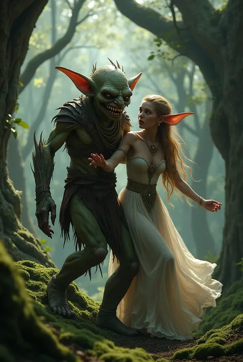 photorealism, a goblin kidnapping an elf woman