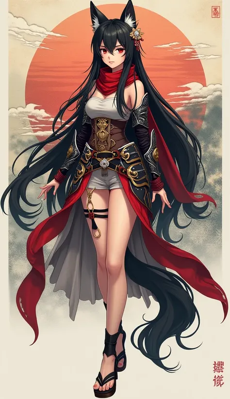 1girl, Long Hair, Breasts, Black Hair, Hair Ornament, Wolf Ears, Ukiyo-e, Masterpiece,  isekai and a red scarf and armor Japan jrpg outfit character design sheet 
Sandals Gothic anime 