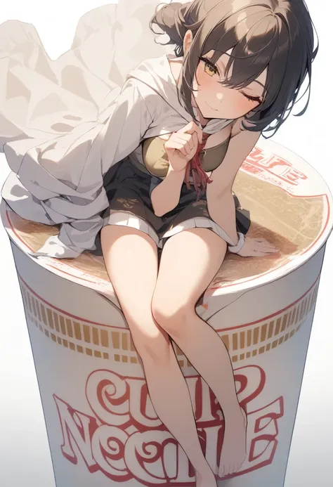 one girl, medium sized breasts,
noodle stopper,nissin cup noodles,cup ramen, mini girl, whole body,simple background, white back...