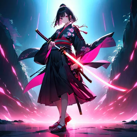 A young samurai wielding a katana, period costume with neon effects, giving a si-fi aspect, full body. painting, fantasy, japan, anime, in the style of realistic hyper-detailed rendering, bright red, white and neon, glowing neon effect on sword, Anime 8K, ...