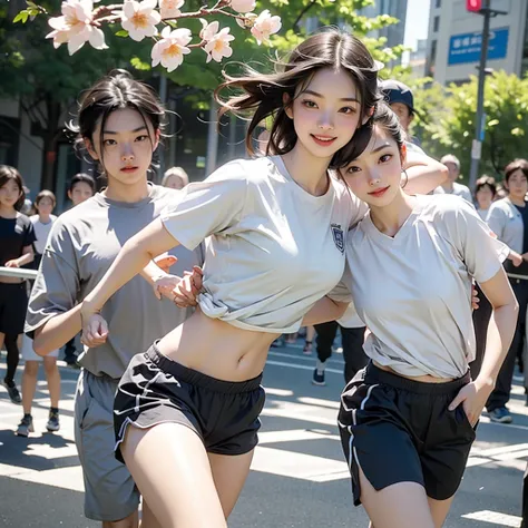 8k,masterpiece,Japanese, girl,from the front,Laugh with your whole body,Innocent face,Calm Eyes,Childish,Large Breasts,Play sports often,I can see your belly.、,Running Shorts、Semi-long,noon,bright,A single cherry blossom、A woman running lightly