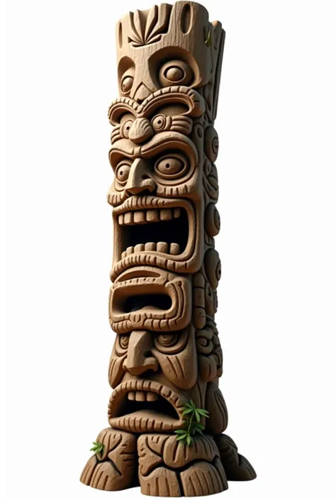 Long Wooden Tiki Toten, various masks, high, cannabis leaf details, white background.