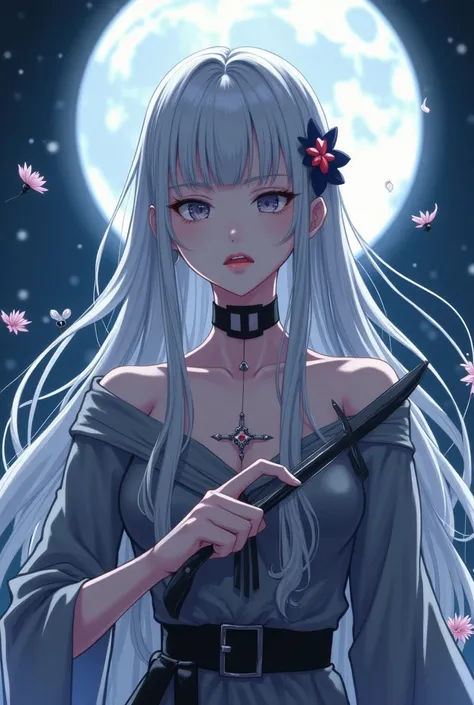 Masterpiece Best Night Full Moon 1 Mature Woman Elder Sister Sister Yu Cold Face Expressionless Silver White Long Hair Woman Light Pink Lips Calm Intellectual Three Stripes Gray Eyes Assassin Short Knife, flores, hand details, Finger details,