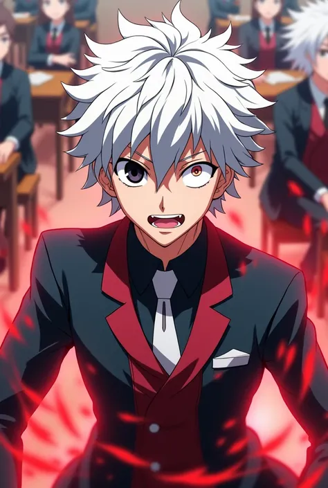 My Hero Academia screenshot. Boy with completely white hair and a haircut , He has one black eye and one white eye, and is wearing the UA uniform, and in the background there is a UA school class, and he is showing off his red chaos magic