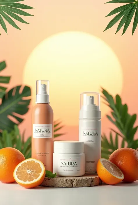 Natura Cosmetics, on the label written Natura reseller Miriam Rodrigues , Perfumes, moisturizers, deodorants, makeups, with light orange and white sunset background, with green details, with space in between 