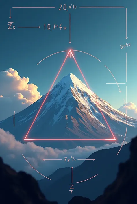 Animated image of the Pythagorean Theorem in Chimborazo: Show the Chimborazo volcano with a right triangle that can be seen superimposed on its profile, with a background of numbers using the Pythagorean theorem to represent its height from the center of t...