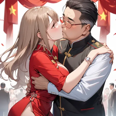 ((Best Quality)), ((masterpiece)), (detailed), （Perfect Face）、The woman is Yuuki Asuna, a beautiful Japanese woman with light brown hair, large breasts, beautiful proportions, and an engagement ring.、The woman is dressed in Chinese Communist Party clothing...