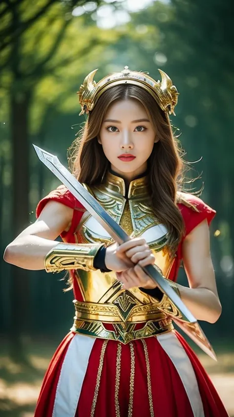 Masterpiece,8K,Ultra-detailed,Best quality,battlefield,(Background:The warriors are fighting,Red Warrior,Green Warrior,Jumps,hack,Slash),(Middle ground:The queen is fighting,Blonde Queen,amber heard,Brunette Queen,Park Bo-young,fightingpose),The lighting i...