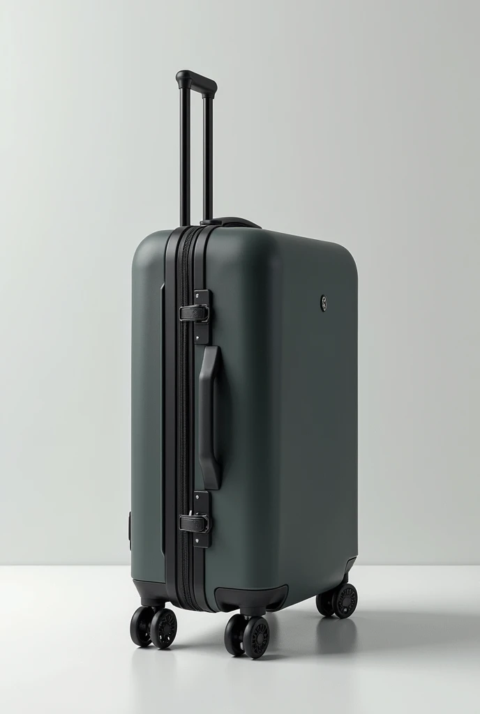 A standard suitcase that has a device that makes the wheels recessed into the suitcase, as if it were without wheels