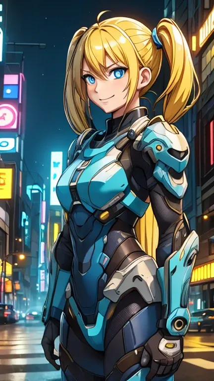 (8k),(masterpiece),(Japanese),(1girl),((Bubbles)),((armorsuit)),From the front, upper body, Cowboy shot, close up, smile,cute,Innocent,Kind eyes, Flat chest, (yellow-blonde hair, blue eyes, short twintails, pigtails), city-scene-aso, night,dark, Neon light...