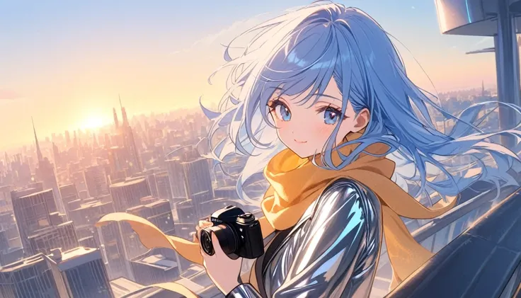 A girl with sleek straight blue hair, dressed in a futuristic metallic jacket, stands on a city rooftop, holding a camera. Her stylish scarf flutters in the wind as she captures the city’s skyline during golden hour, a soft smile playing on her lips.