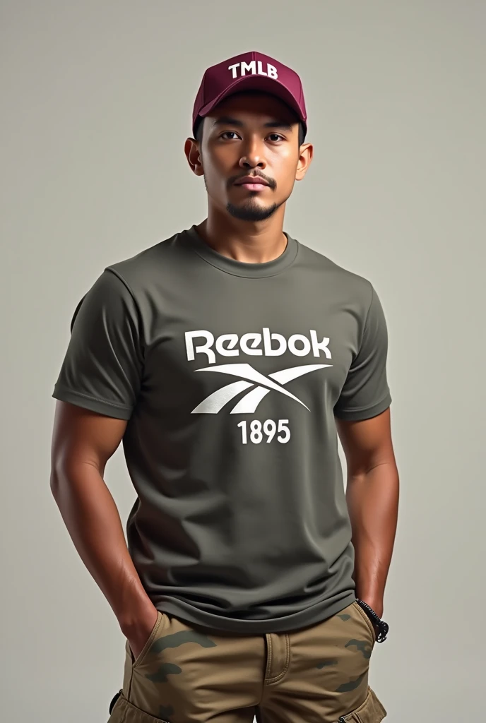 please make realistic photos, master piece, pria indonesia umur 30 tahun, Handsome, round face shape, small, normal body, wearing a maroon baseball cap with the words "TMLB" wearing a logo shirt "REEBOK 1895" and tactical pants with desert camouflage motif