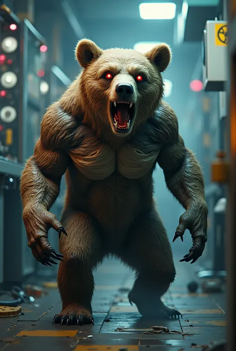 Create a highly detailed, hyper-realistic 3D image of a bear undergoing an evolution experiment. The bear is injected with biohazard liquid, causing its body to mutate and transform. The scene should depict the bear with visibly altered features, such as g...