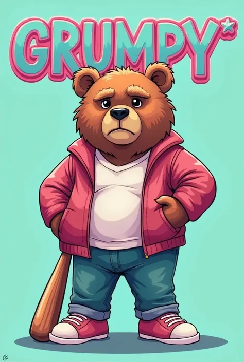 Illustration of him "Grumpy Bear" pin up style light blue pastel color , The bear is dressed in streetwear clothes, in the leg a baseball bat, above the bear a word that says "grumpy*, with style letters  "death metal" pink and light blue colors 