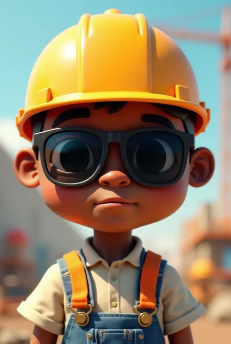 (cartoon:1.2), Project man, with black eyes with a construction helmet on his head, DARK SKIN, with sunglasses, light shirt.