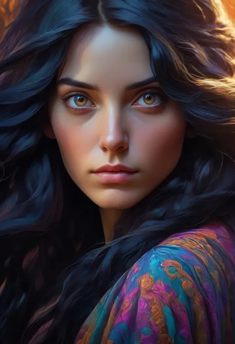 a surreal portrait of a young woman with long black hair, detailed facial features, cinematic lighting, dramatic shadows, dreamlike atmosphere, vibrant colors, photorealistic, 8k, intricate details, masterpiece