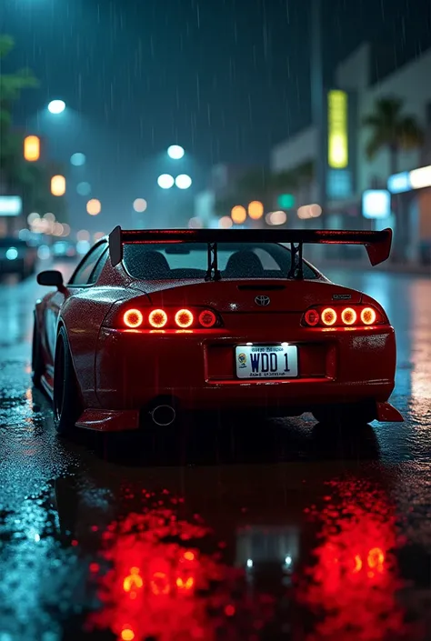 toyota supra 2000 model with the name of WD 1 on number palette in Los Angles in rainy night