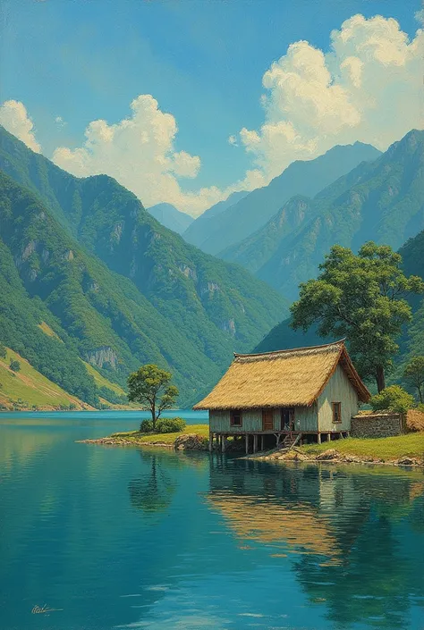 Paint art, van Goh style, wide scale, landscape, one house, toba lake, asian village, lake shore eighteen century, short hill, oldies,