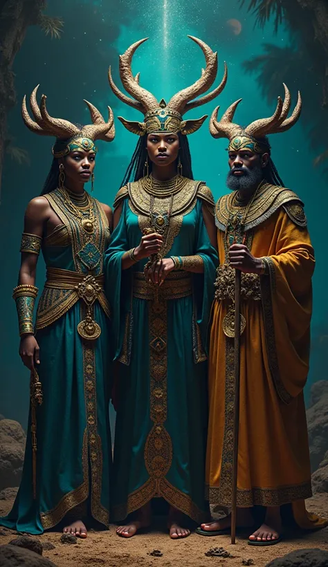 ((EXU VELUDO, EXU CAPA PRETA, EXU TIRIRI)) best quality, ultra-high resolution, 4K detailed CG, master piece, three Exus standing together, African clothes, each holding their symbolic item (amulet, staff, keys), Voodoo mythology, dark tones with blue, gol...