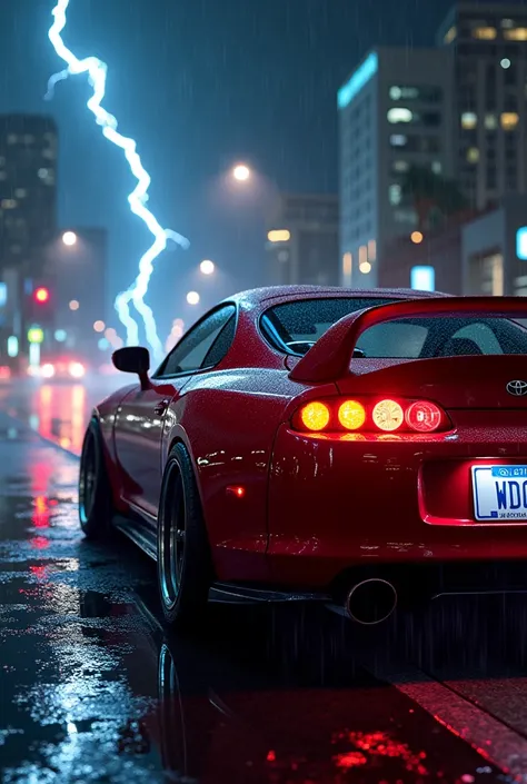 toyota supra 2000 model with the name of WD 1 on number palette in Los Angles in rainy night with thunderstorms