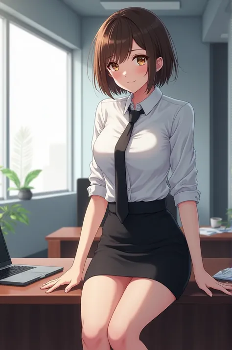 Office,Anime, girl, short brown hair, black mini pencil skirt above the knee, sitting on desk video