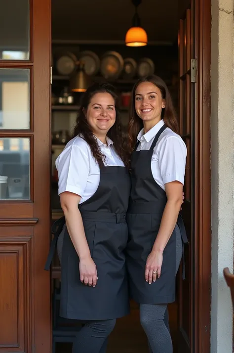 Laura is a 3 woman, 1.90 meters tall, very robust and overweight, skin without makeup, long wavy dark brown hair with some curls, she poses for the photo with her petite and very thin co-worker as a waitress in a restaurant. restaurant, both are dressed in...