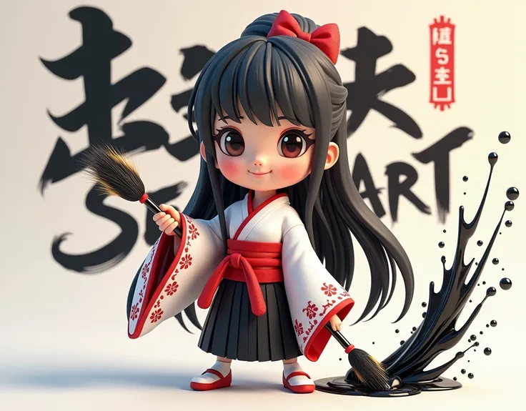 3D mascot chibi doll。Concept Art。A beautiful girl wearing a white kimono, black hakama and a red sash around her body like a harness。Long, straight black hair with a hime cut and a red hair ribbon。Holding a large, thick calligraphy brush filled with black ...