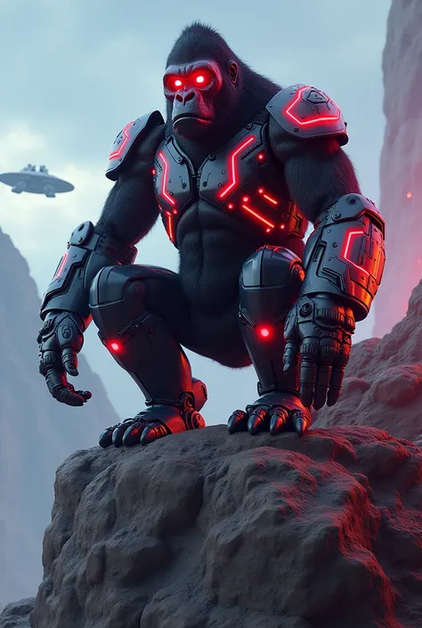 High quality 3D neon robot gorilla with red eyes sits on a rock with a spaceship in the background
