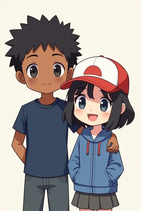 character with dark skin wearing a navy blue t-shirt and a girl with a blue jacket wearing a pokemon cap (teenagers and chibi style, almost the same size
