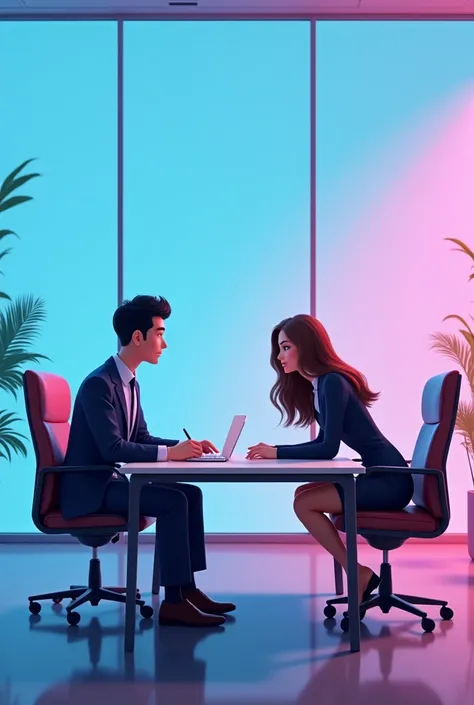 animation, design, detailed, Korean boy with black hair and suit sitting, American woman with brown wavy hair leaning on table. Blue and pink gradient background in an office