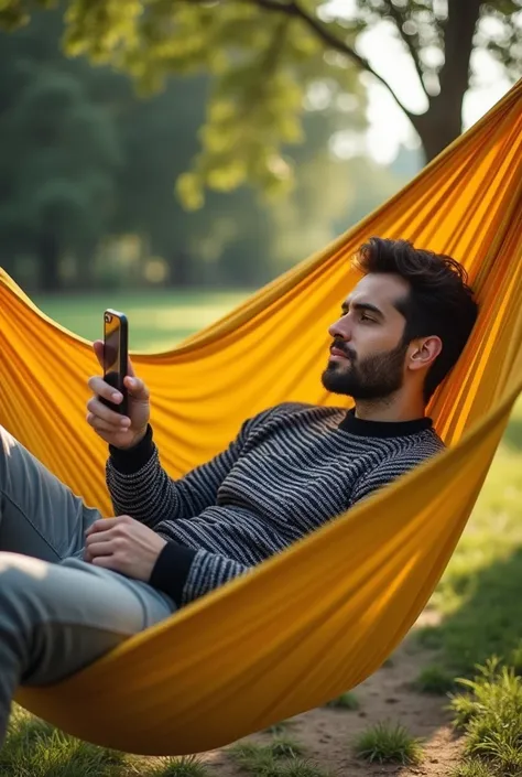 Create a person lying in a yellow pita hammock, and the man has long gray pants and a black and white striped sweater with a cell phone in his hand 