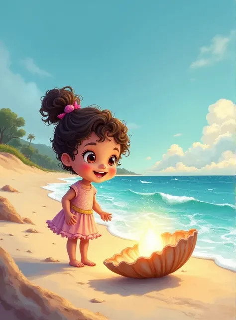 Cartoon style drawing about A girl is walking along the beach at dawn, when you find a shell that shines softly on the sand. curious, She picks it up and realizes that inside the shell there is a pearl that emits a soft and enchanting light..