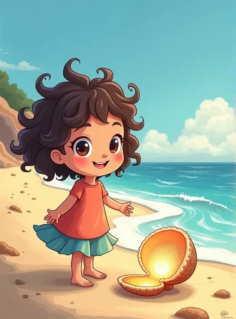 Cartoon style drawing about A girl is walking along the beach at dawn, when you find a shell that shines softly on the sand. curious, She picks it up and realizes that inside the shell there is a pearl that emits a soft and enchanting light..