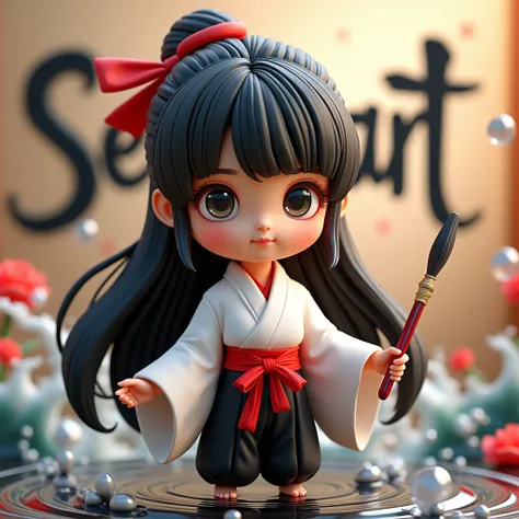 3D mascot chibi doll。Concept Art。A beautiful girl wearing a white kimono, black hakama and a red sash around her body like a harness。Long, straight black hair with a hime cut and a red hair ribbon。Holding a large, thick calligraphy brush filled with black ...