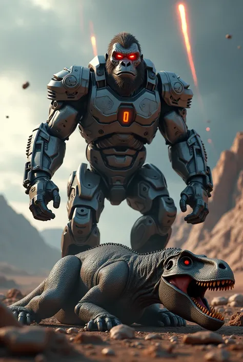 High quality 3D fierce robot gorilla with red eyes sits in a dinosaur rex victorious in a fight against the backdrop of falling meteorites 
