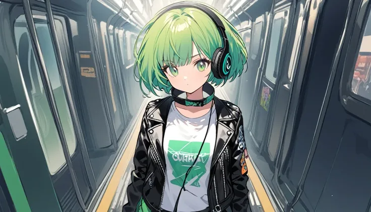 A girl with bright green pixie-cut hair is standing on a bustling subway platform wearing a cool graphic t-shirt and leather jacket. Wired headphones are lowered around the neck rather than on the head, and a focused gaze suggests that you are ready for yo...