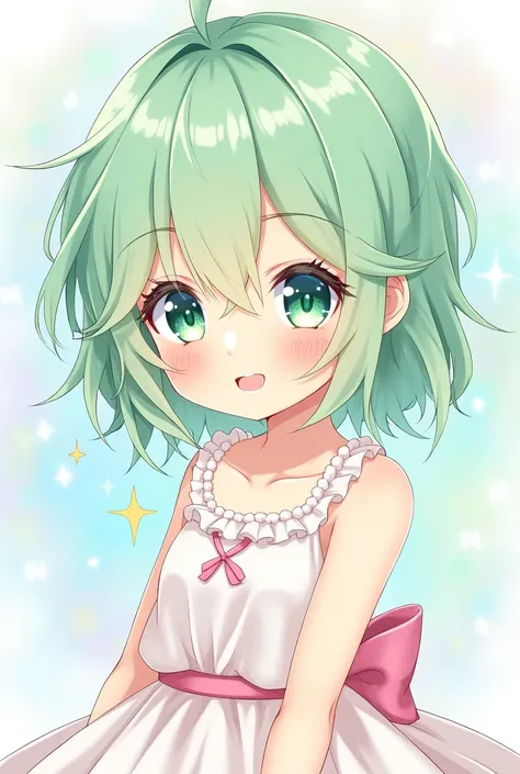 Light green hair、Thin white hair、Shiny Hair, Gradient color hairstyle, Pastel colors、 smile, Gradient color eyes, White frilly dress、High resolution, masterpiece, Winner of numerous awards, 高quality, High-resolution model, Ultra high definition, Textured s...