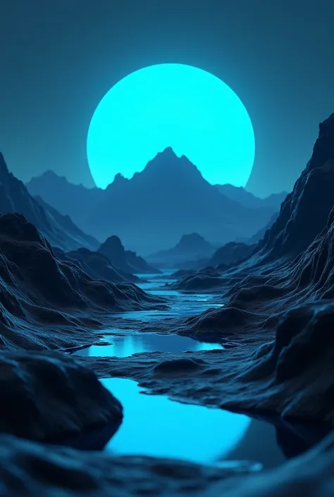 cinematic film still cyber science fiction style, close-up of a mountain in the distance with a blue moon in the background, stunning landscape of alien planet, black stones with a shiny black mechanical platform on the ground, surreal 3d landscape style, ...