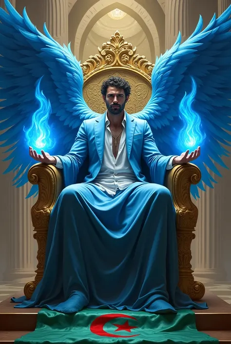 Man with blue wings with blue fire in his hands, sitting on his golden throne, at the bottom the flag of Algeria