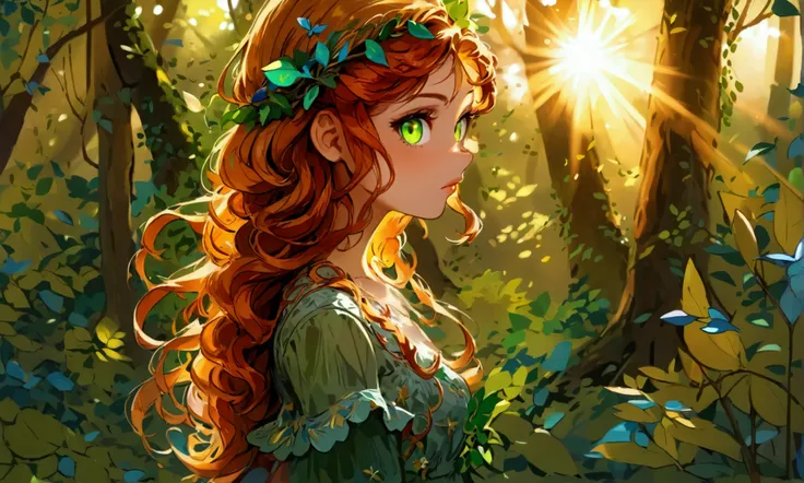 a beautiful woodland fairy with (long curly reddish-blonde  hair, vivid green eyes:1.3), (hair should have 1 large bread, with s...