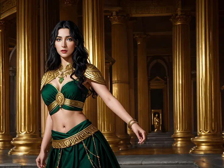 Photorealistic Image of A Gorgeous 30-Year-Old Greek Female Goddess, (Messy Long Black Hair), (Dark Green Eyes), (Fair Skin), (Wearing Green Revealing Maiden Attire with Golden Jewelries), (Greek Temple at Night), (Dynamic Pose), Waist-Up Shot, View From F...