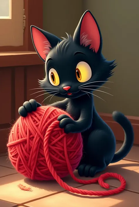 Black cat playing with red ball of wool, in Disney 2D style image