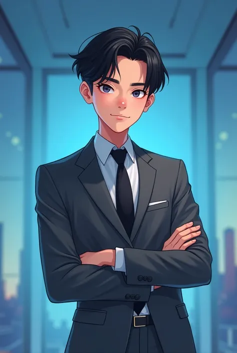 animation, design, detailed, Korean boy with black hair and suit, with arms crossed. Background em degradê de azul e escritorio