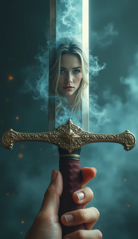 Create a reflected image of a beautiful woman on the blade of a sword 