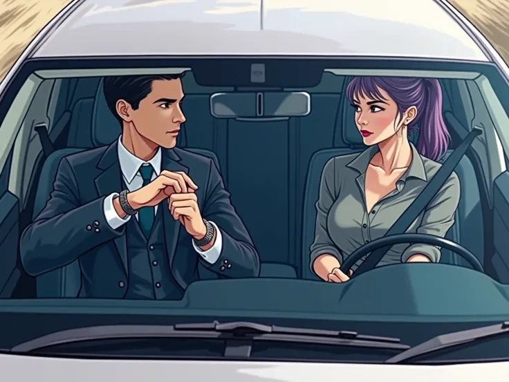 ((Man driving the car)),  black hair, formal clothes, slender body, white skin, and the (girl), (in the passenger seat),  she has a skinny  sensual body, dark gray shirt with buttons, pleated skirt, tights black, black lace panties, purple hair, small brea...