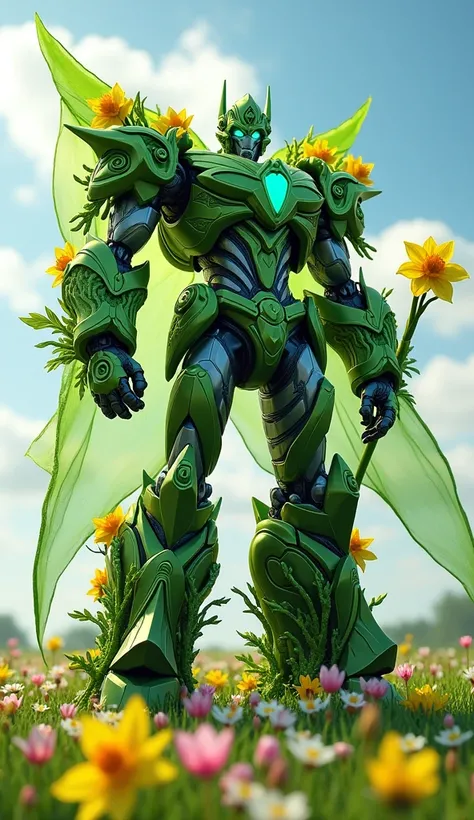 imagine A Transformer character named “March Prime” standing in a vibrant, blooming meadow. His body is a blend of sleek metal and fresh green foliage, with intricate patterns of budding flowers and leaves etched into his armor. He has glowing emerald eyes...