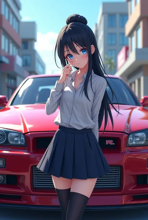 High quality 3D anime style cute girl with blue eyes in a skirt with stockings with black gathered hair posing against the background of a Nissan Skyline R34 