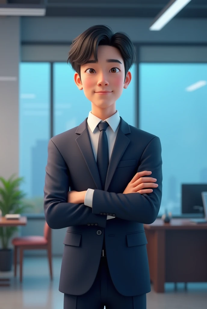 Realistic animation, design, detailed, Korean boy with black hair and suit, slight smile, with arms crossed. Background em degradê de azul e escritorio