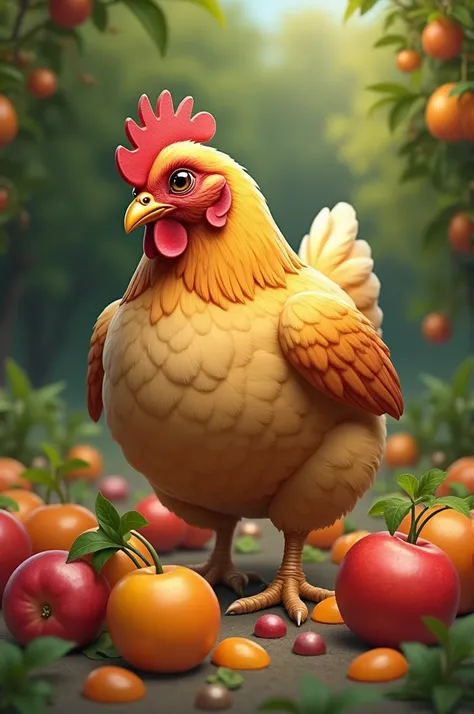 A chicken is eating fruit 
